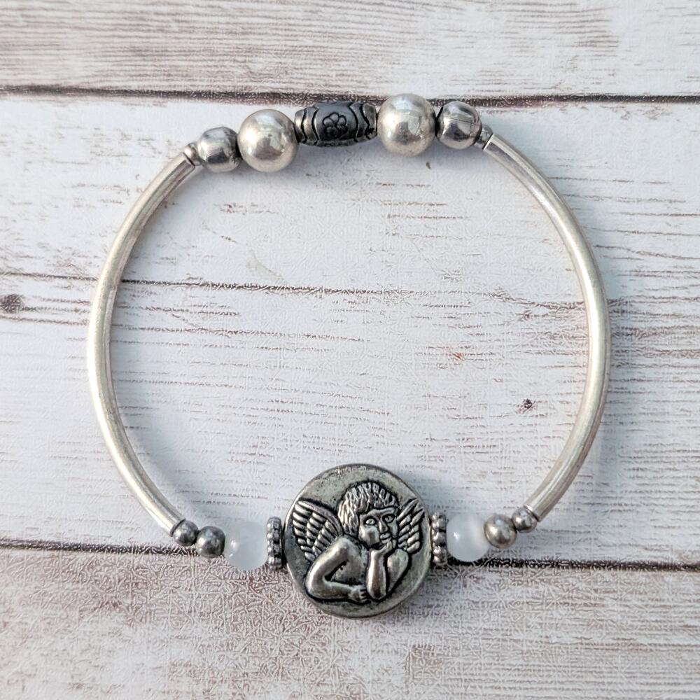 Silver Tone Stretch Bracelet with Cherub Charm